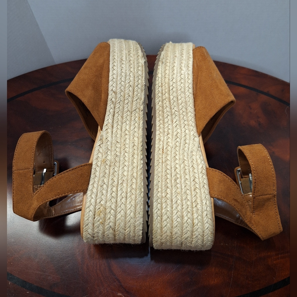 American Eagle Tan Faux Suede Open Toe Buckle Strap Platform Espadrilles Sandals - Picture 6 of 16
